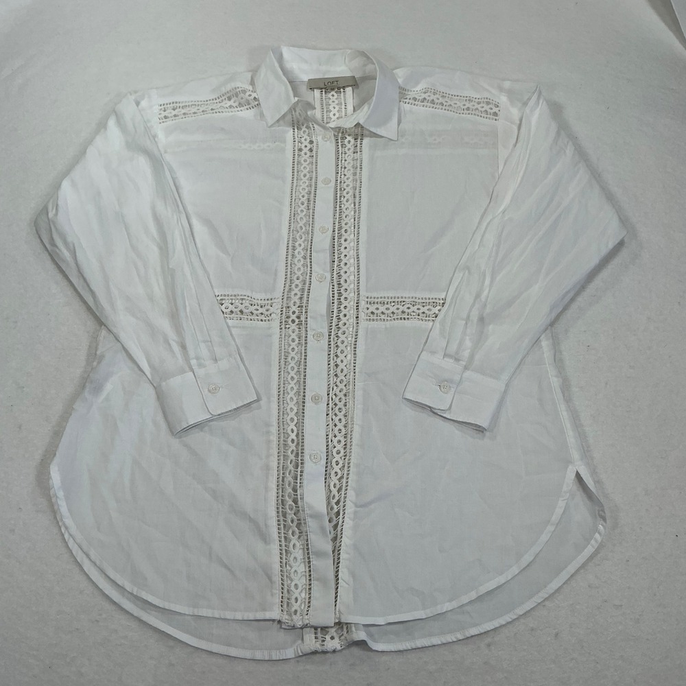 LOFT White Cotton Eyelet Lace Trim Button Down Shirt Small Long Sleeve